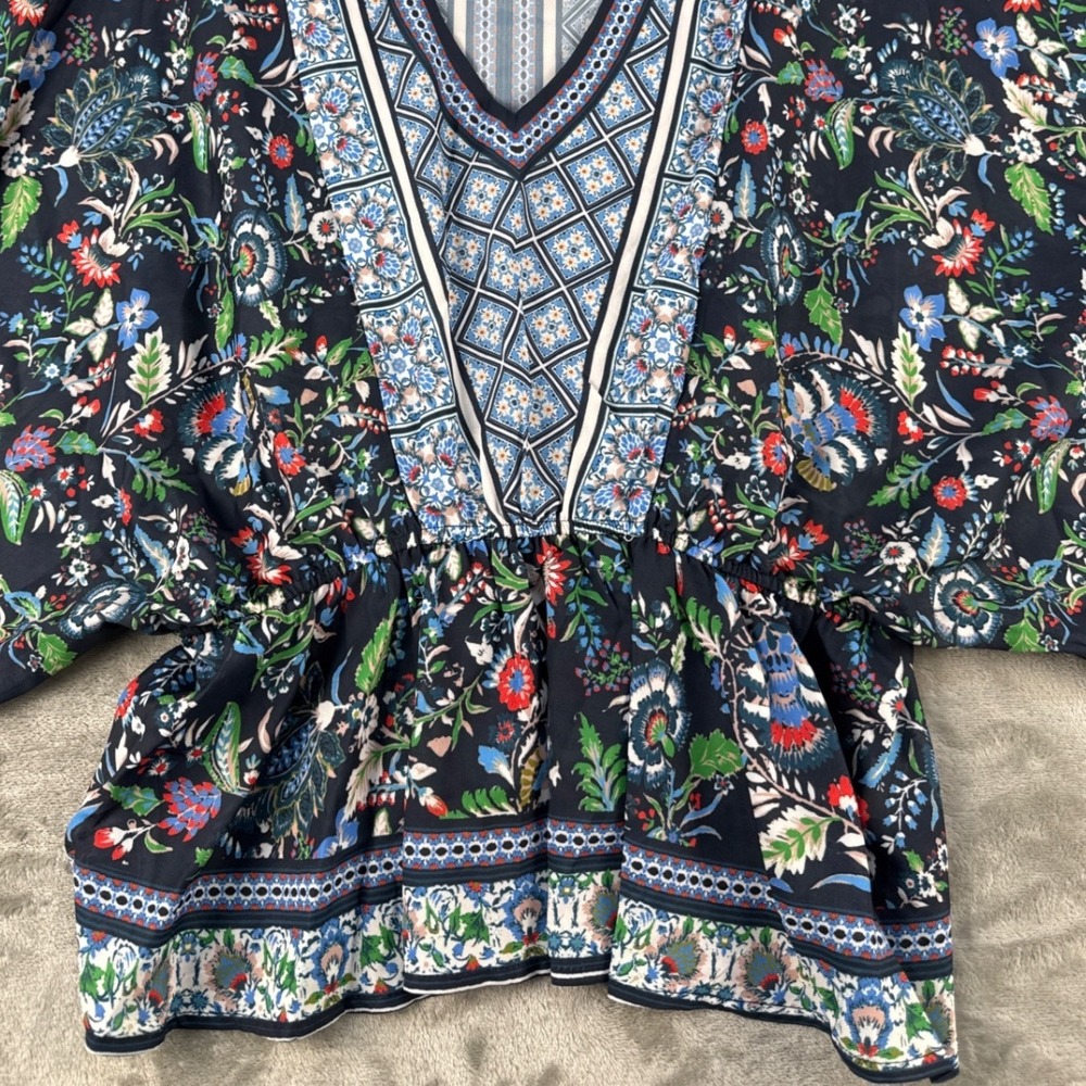 Her Bottari Blouse Womens Small Navy Floral Kimono Sleeve Peplum EUC - Picture 3 of 9
